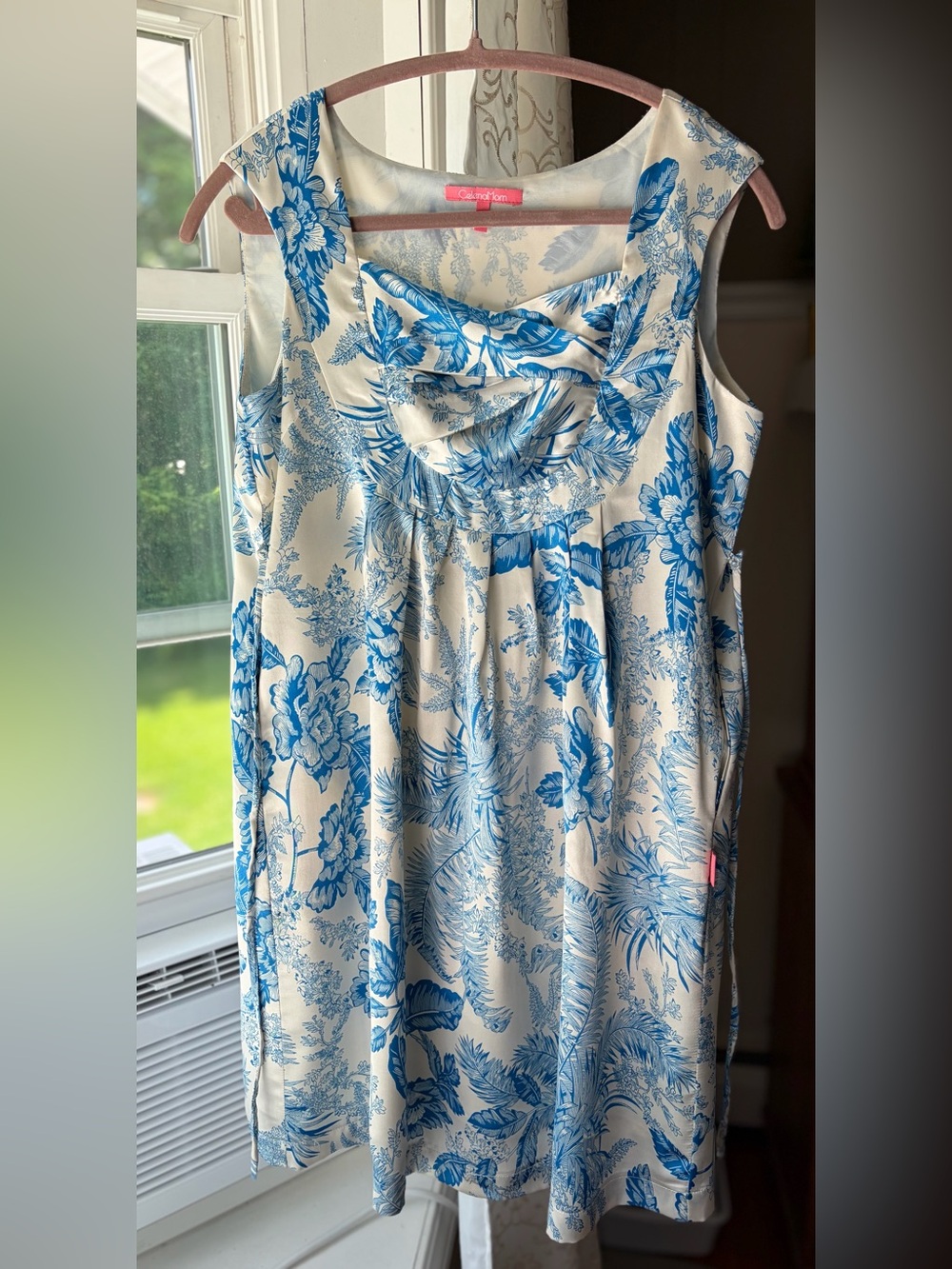 Maternity Dress Blue/Cream Satiny Botanical Print Baby Shower Babymoon Sz S